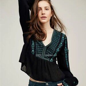 Free people teal and black embroidered peasant blouse S